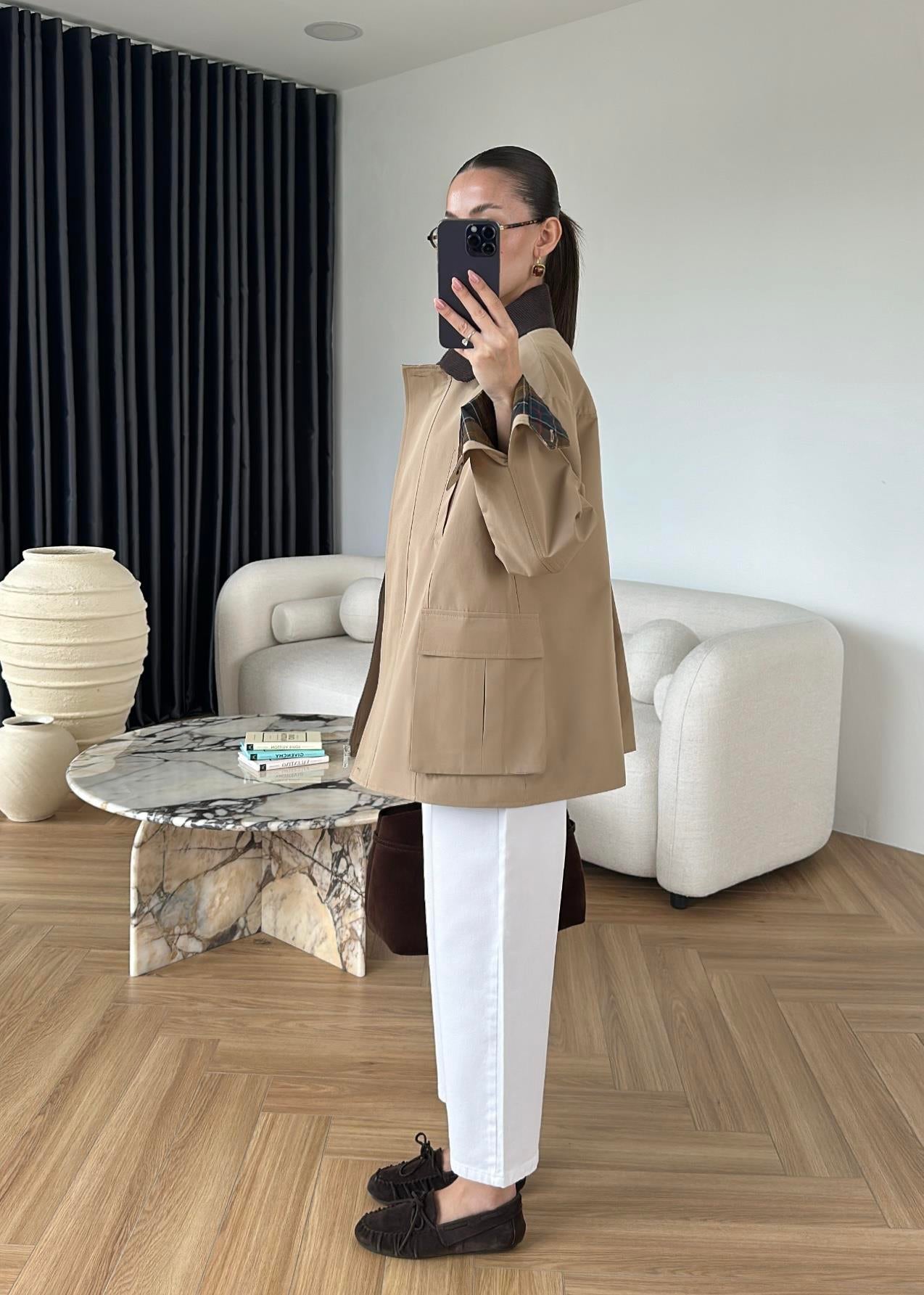 Torba Cepli Ekose Detaylı Ceket BEJ