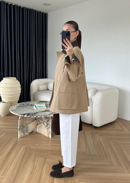 Torba Cepli Ekose Detaylı Ceket BEJ