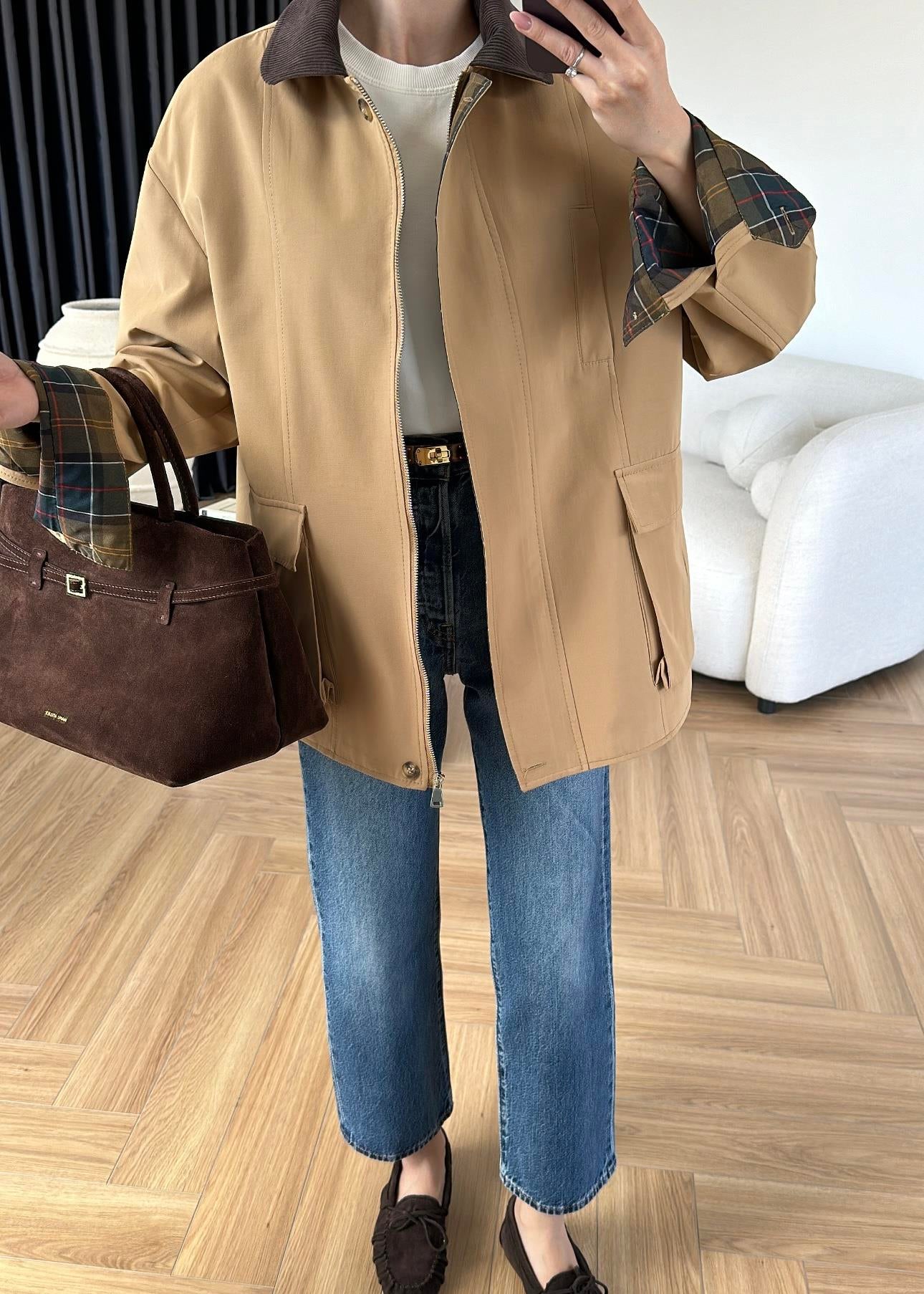 Torba Cepli Ekose Detaylı Ceket CAMEL