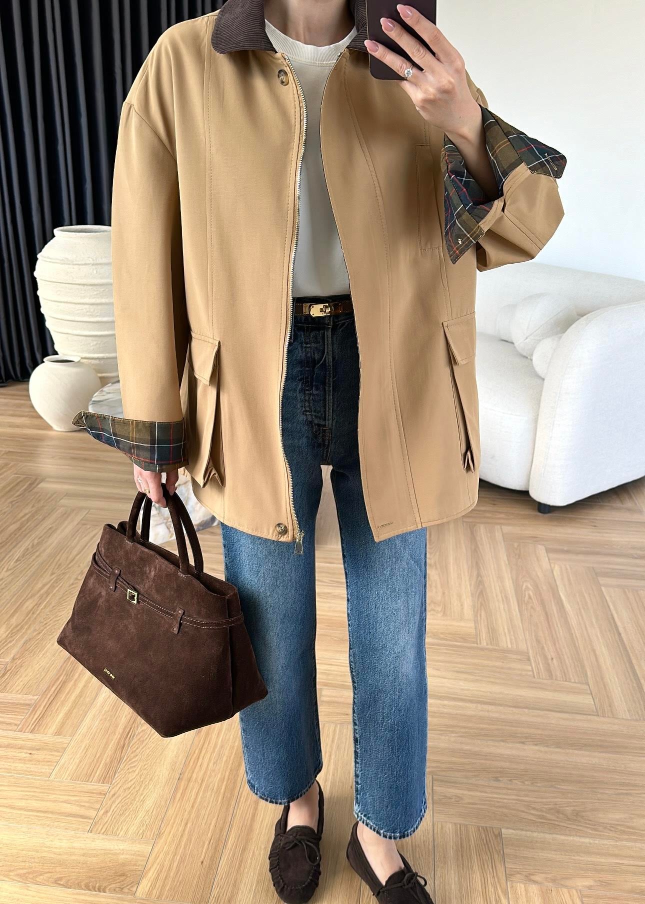 Torba Cepli Ekose Detaylı Ceket CAMEL