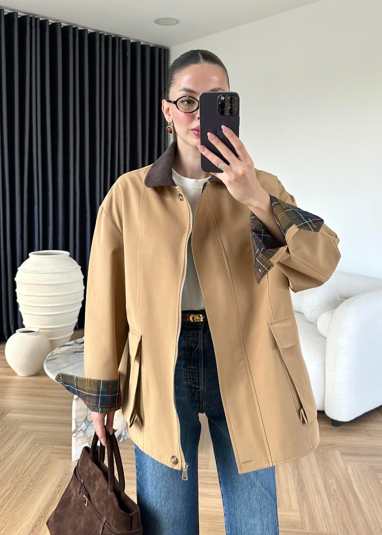 Torba Cepli Ekose Detaylı Ceket CAMEL