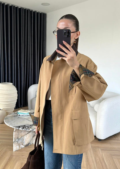 Torba Cepli Ekose Detaylı Ceket CAMEL