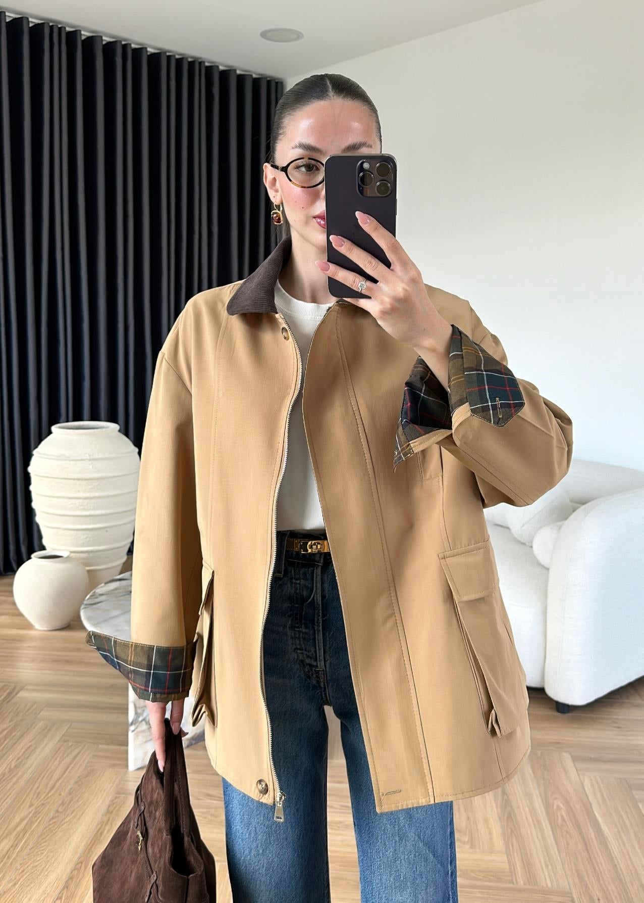 Torba Cepli Ekose Detaylı Ceket CAMEL