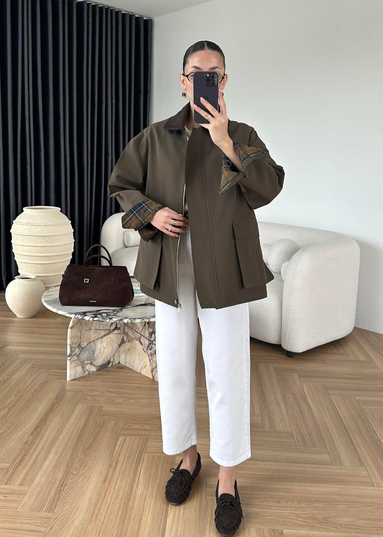 Torba Cepli Ekose Detaylı Ceket HAKİ