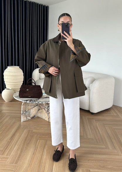 Torba Cepli Ekose Detaylı Ceket HAKİ