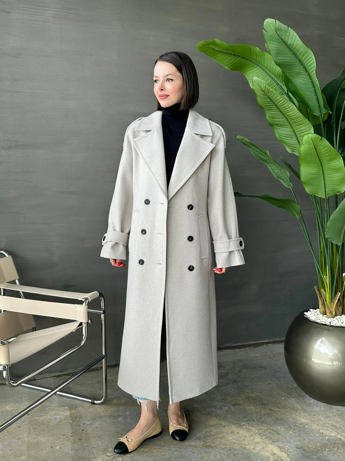 Vatkalı Apoletli Premium Kaban GRİ