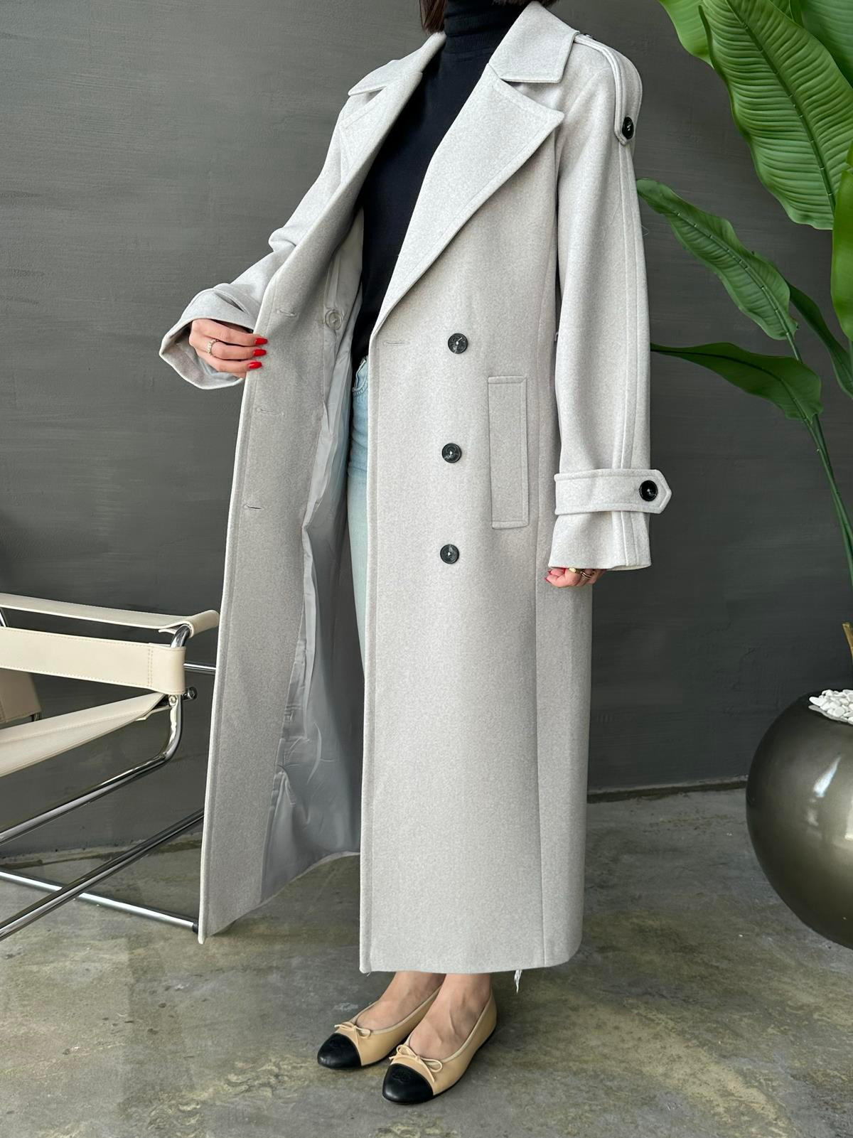 Vatkalı Apoletli Premium Kaban GRİ