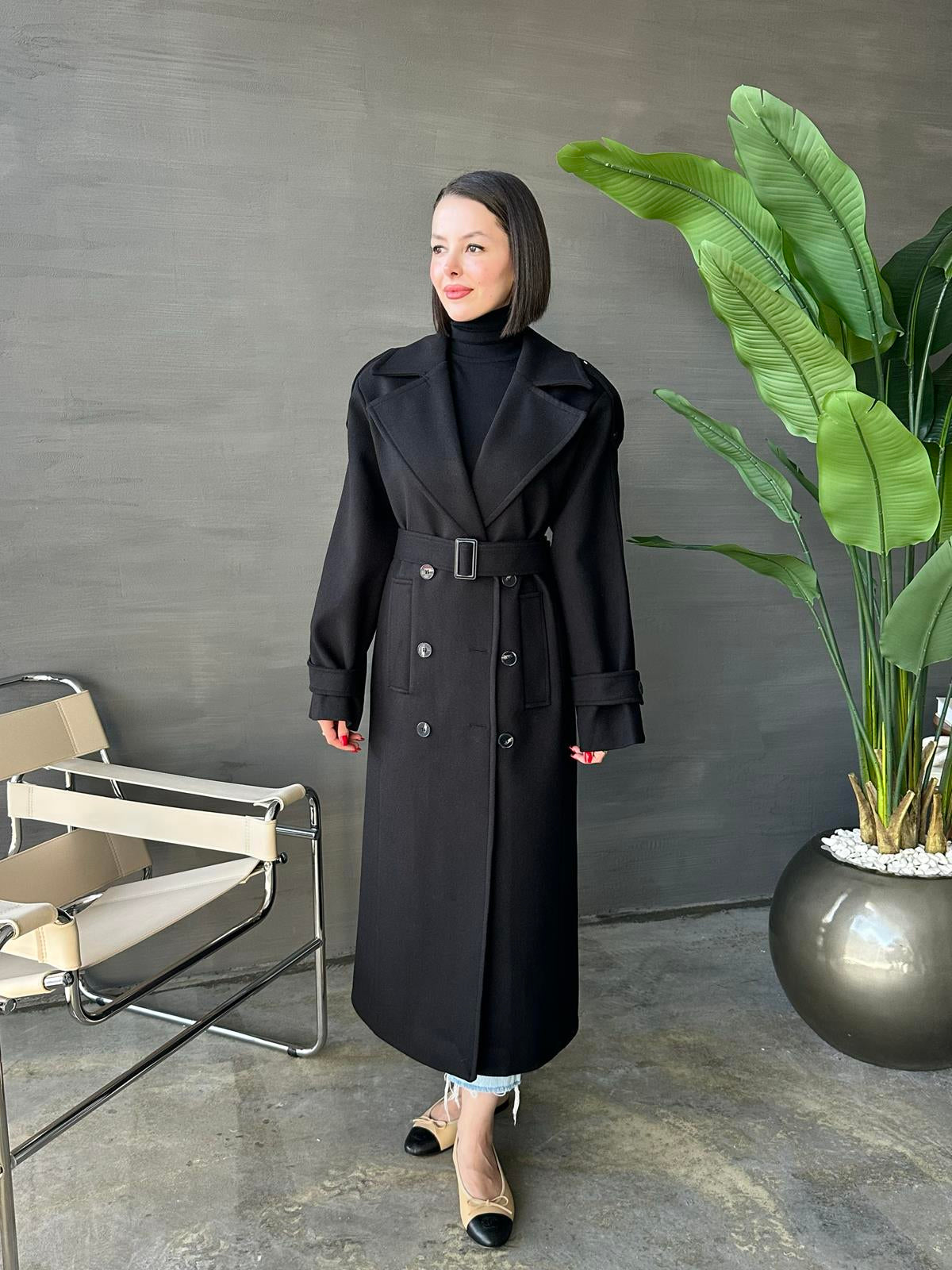 Vatkalı Apoletli Premium Kaban SİYAH