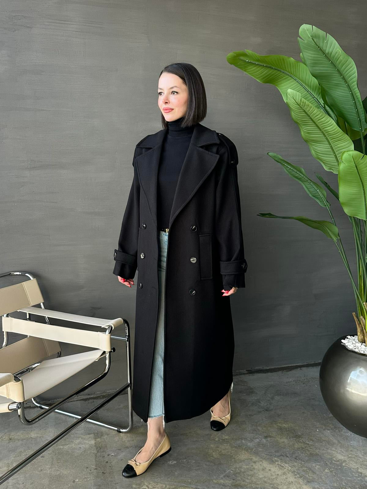 Vatkalı Apoletli Premium Kaban SİYAH