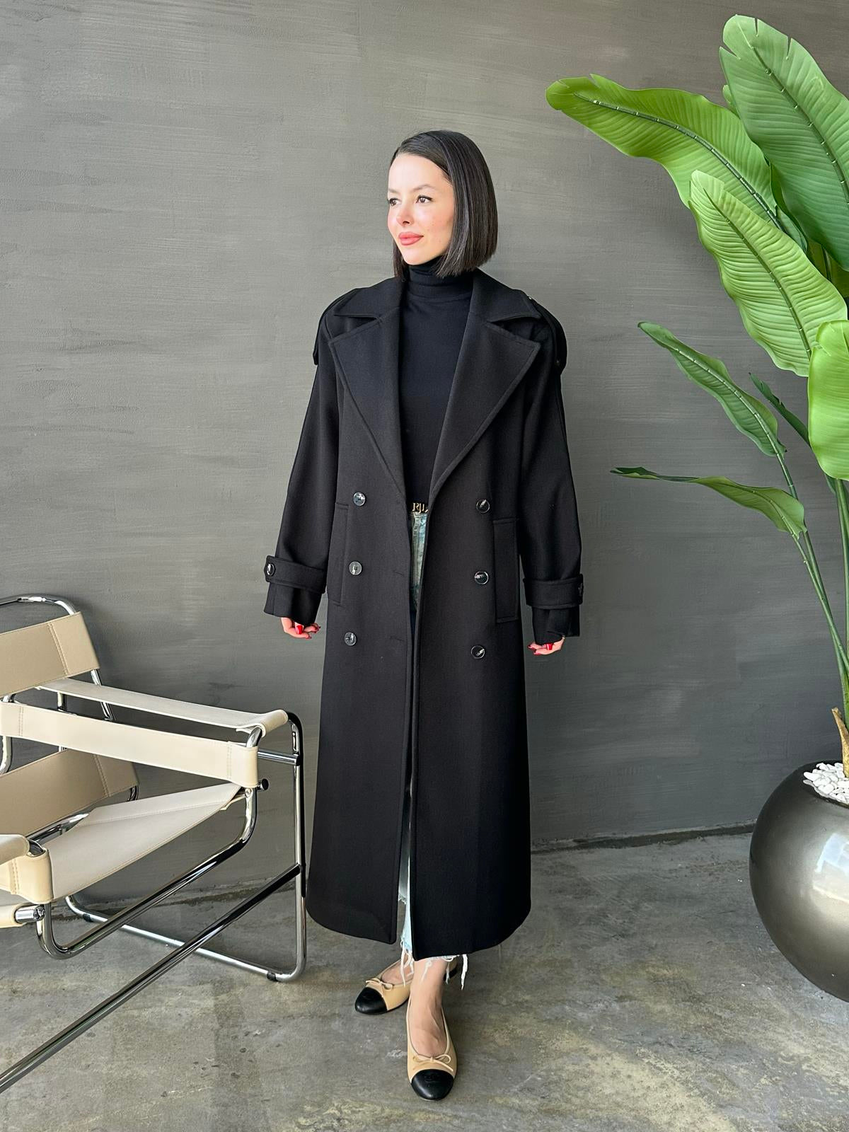 Vatkalı Apoletli Premium Kaban SİYAH