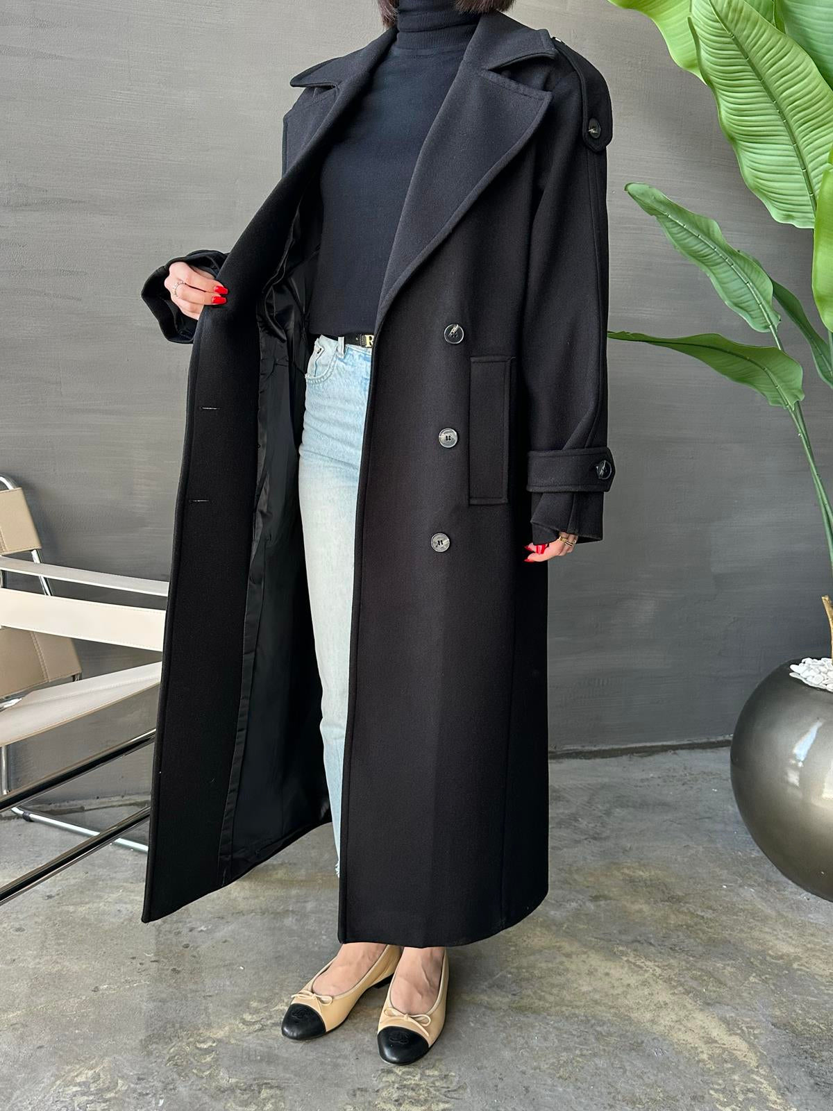 Vatkalı Apoletli Premium Kaban SİYAH