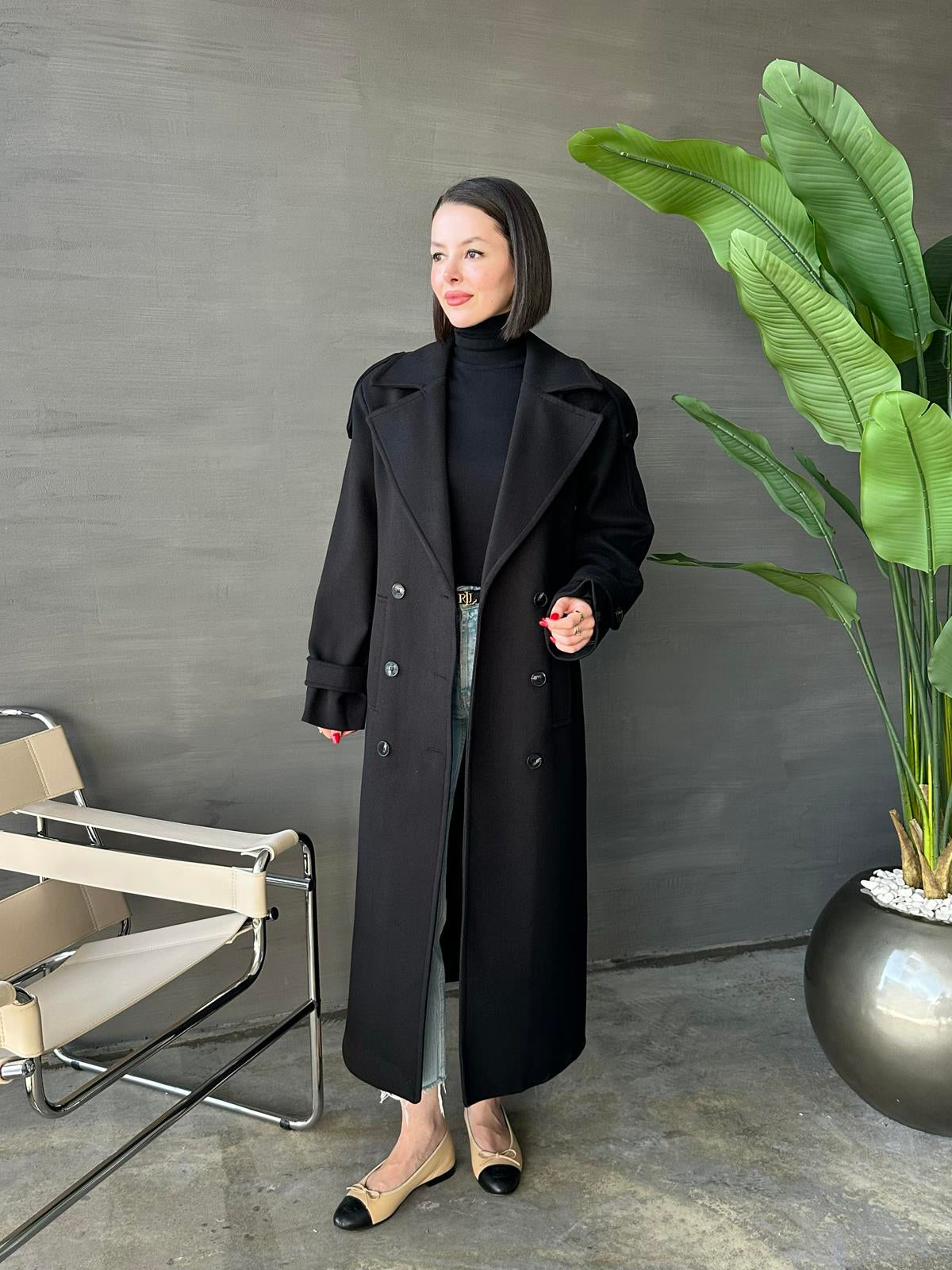 Vatkalı Apoletli Premium Kaban SİYAH